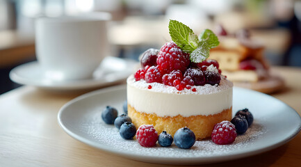 A delicious dessert featuring a creamy base topped with fresh berries and mint, served on a plate with a cup nearby.
