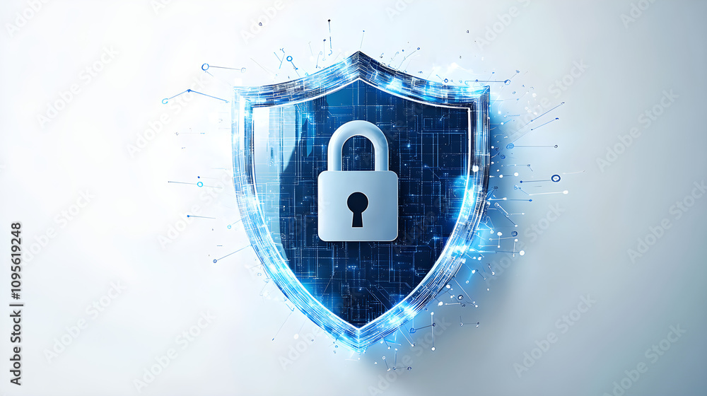 Poster cybersecurity shield with a lock symbol and digital code
