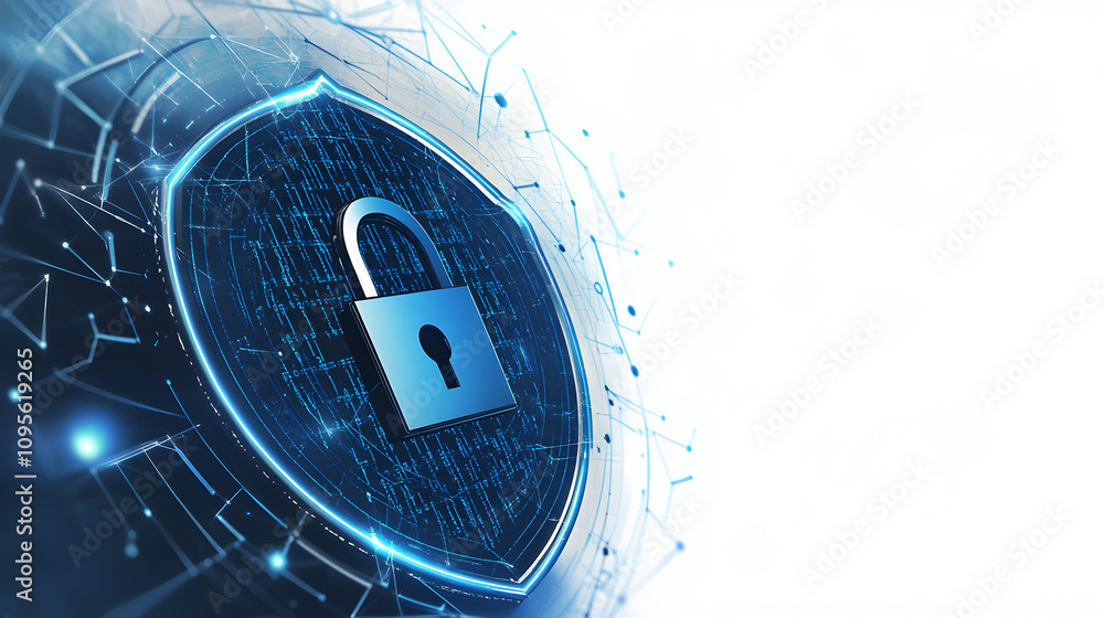 Poster cybersecurity shield with a lock symbol and digital code
