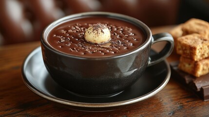 a chocolate fondue in a cup and saucer
