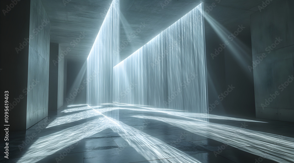 Poster a serene, minimalistic space with beams of light illuminating cascading water, creating a reflective