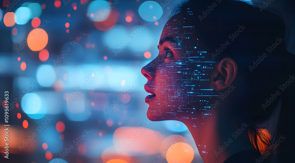Poster a woman gazes thoughtfully with digital data overlays and vibrant bokeh lights, blending technology 