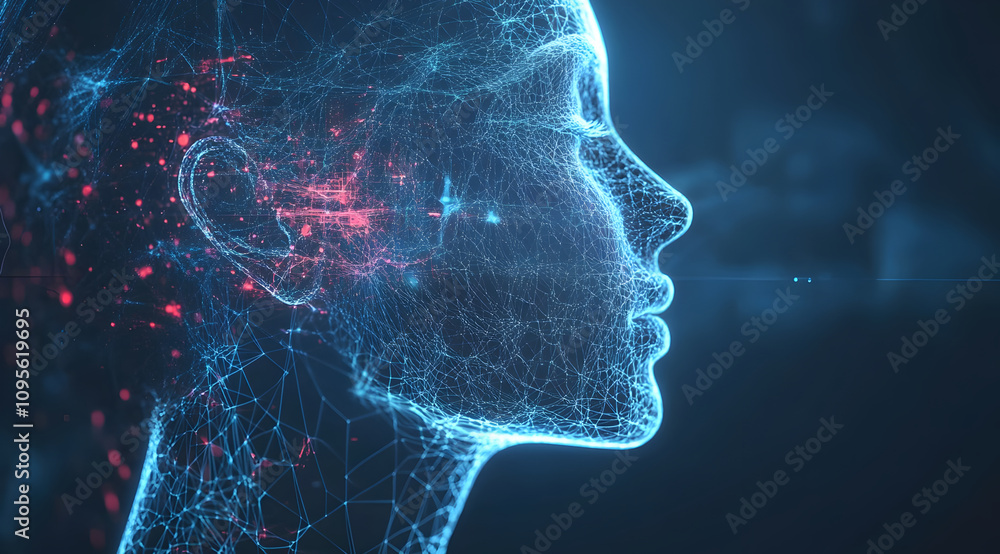 Poster a digital profile of a woman rendered with glowing lines and particles, representing advanced techno