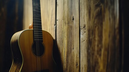 Acoustic guitar leaning against rustic wooden wall. (1)
