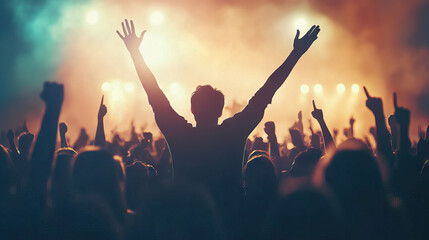 back view Silhouette of a man in a crowd having fun and rising his hands during the concert with Crowd of People Cheering, people celebrating together in summer music festival with copy space.