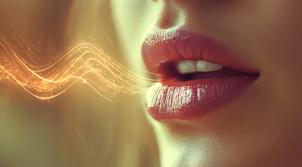 A close-up of a woman's lips exhaling a wave of energy, captured in a soft, artistic style, emphasizing beauty and expression.