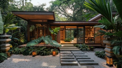 Naklejka premium A modern wooden house surrounded by lush greenery and lanterns, inviting tranquility.