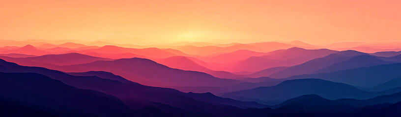 Obraz premium stunning landscape of rolling mountains at sunrise, with vibrant hues of orange, pink, and purple painting sky. serene atmosphere evokes sense of peace and tranquility