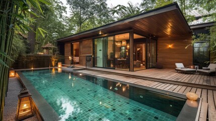 Modern villa with a pool surrounded by greenery, offering a serene leisure environment.