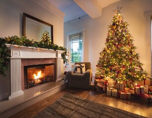 A beautifully decorated living room with a glowing fireplace.
