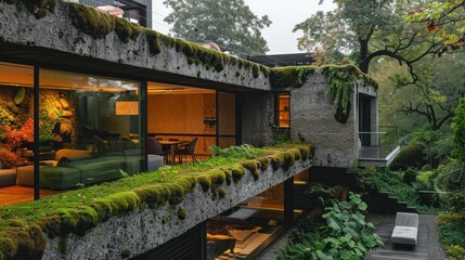 A modern architectural design featuring greenery and natural elements.