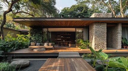 Fototapeta premium Modern architectural design featuring a wooden deck, stone accents, and lush greenery.