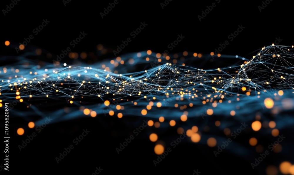 Poster abstract digital landscape with glowing nodes and lines, representing data flow and connectivity. bl