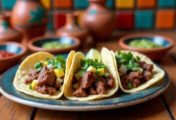 Delicious street tacos with savory toppings served on a colorful table in a vibrant restaurant setting