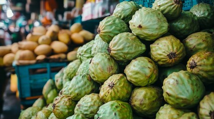 Obraz premium A pile of bright green cherimoya fruits stacked in a tropical market, ready for sale.