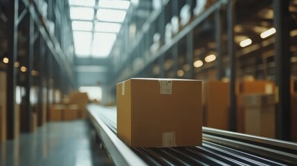 A cardboard box moves along a conveyor belt in a warehouse.