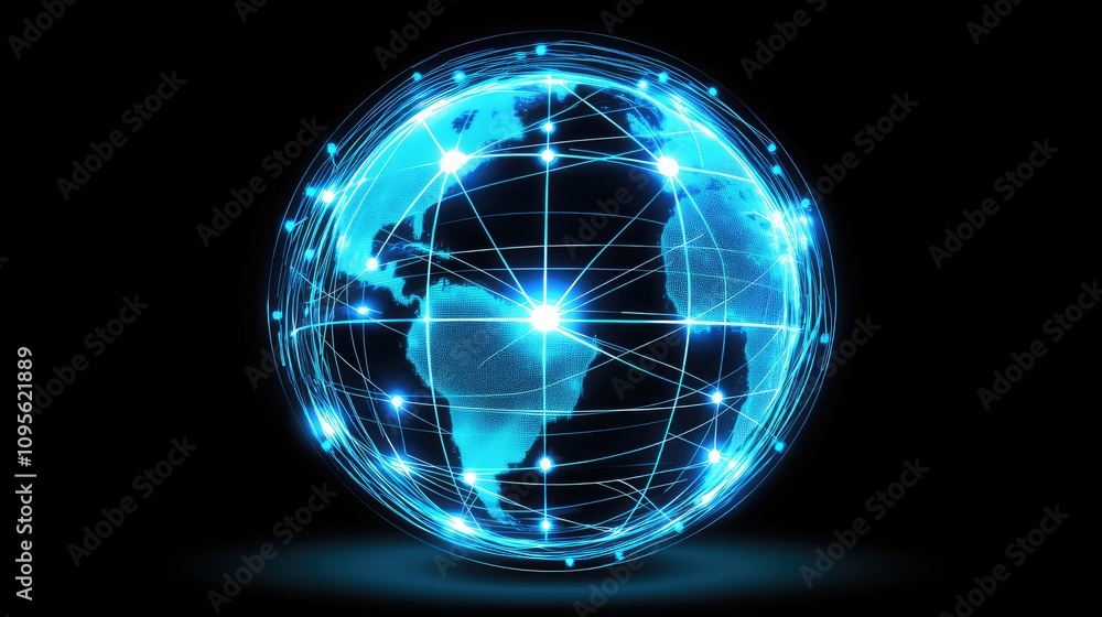 Poster futuristic global network concept illustrating interconnected digital world with bright nodes and li