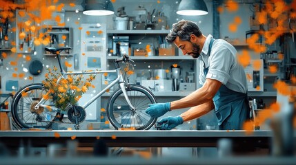 Man Fixing Bicycle in a Workshop