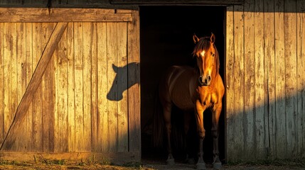 A brown horse stands in a wooden barn doorway, illuminated by the morning sun. Its shadow is cast on the wall behind it.