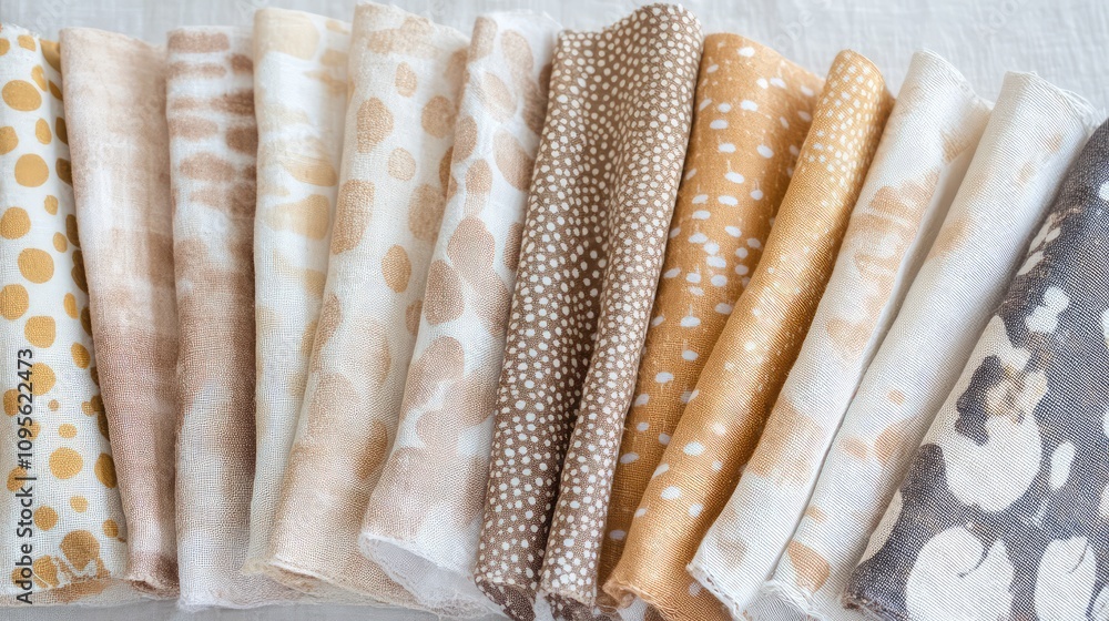 Poster collection of soft textiles with warm tones and unique patterns showcased in neatly folded arrangeme
