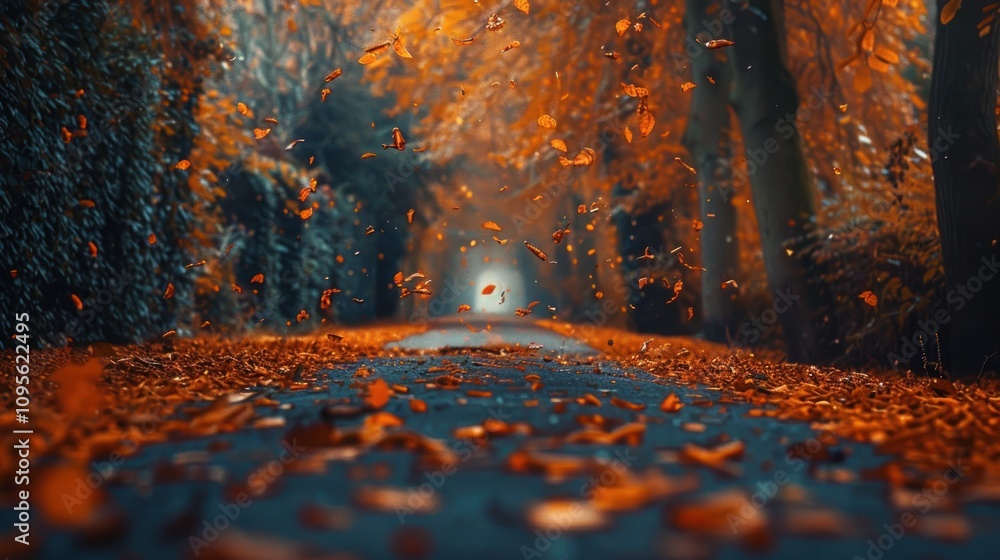 Poster a serene autumn pathway lined with falling leaves, creating a tranquil atmosphere.