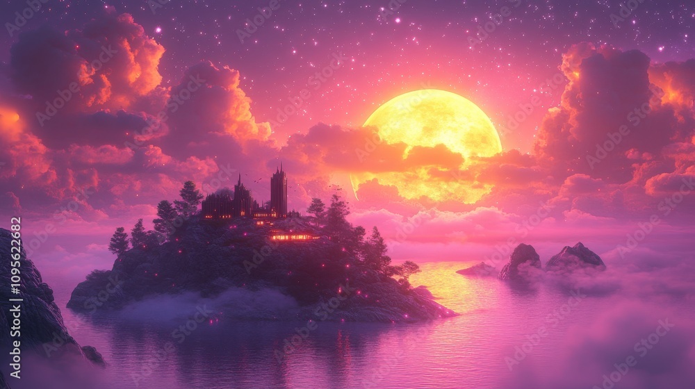 Poster a floating island with a building and a purple planet in the background