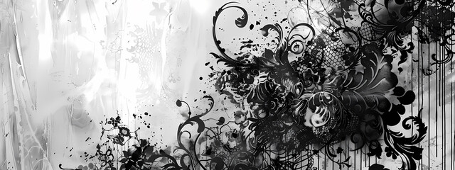 A captivating black and white floral abstract design, featuring intricate swirls and textures that evoke a sense of elegance.