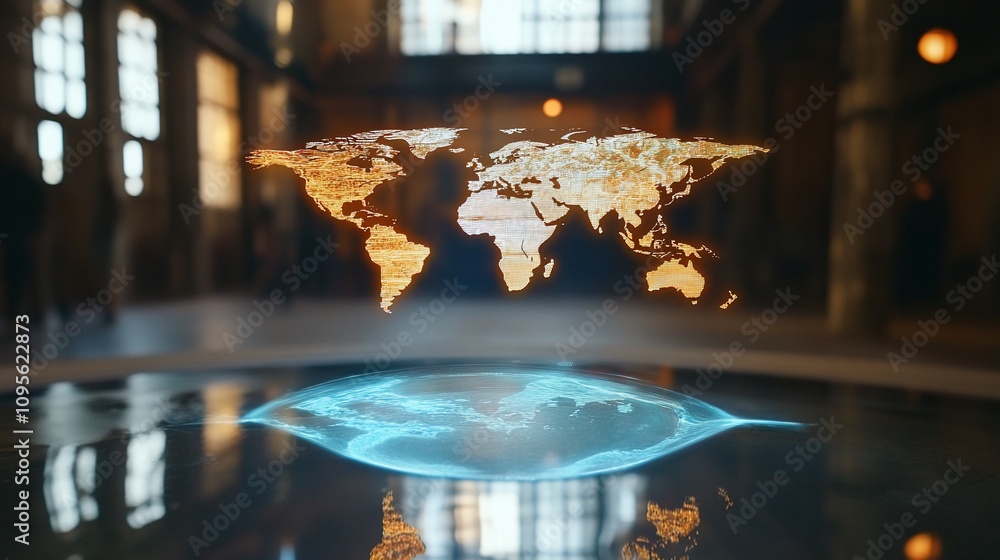 Poster Holographic world map floating above reflective surface in a large hall.