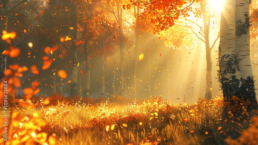 Poster a serene autumn forest scene with sunlight filtering through trees and falling leaves.