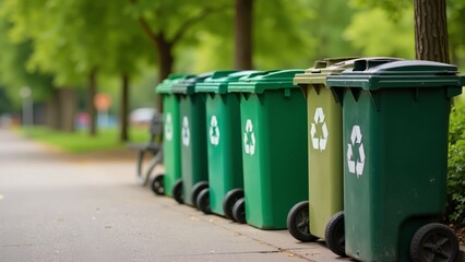 Naklejka premium Colorful recycling bins lined along a serene path in the heart of a lush park during daytime