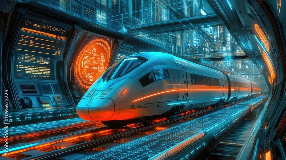 Poster futuristic high-speed train in a neon-lit space station environment with advanced technology and sle