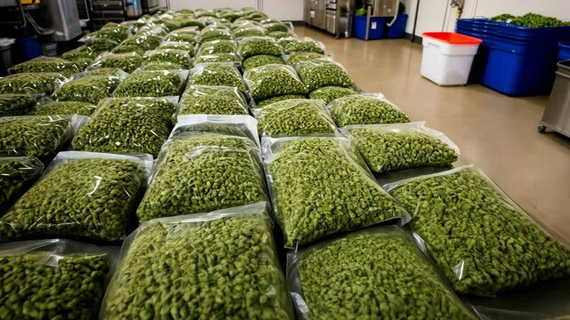 Large quantities of packaged green produce stored in a clean facility for distribution and sale