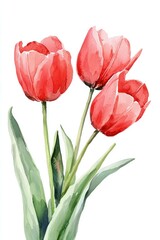 Beautiful watercolor illustration of three vibrant red tulips with green leaves, symbolizing love and springtime freshness, ideal for floral design projects.