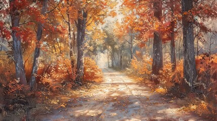 Fototapeta premium A serene autumn landscape with vibrant foliage lining a tranquil path.