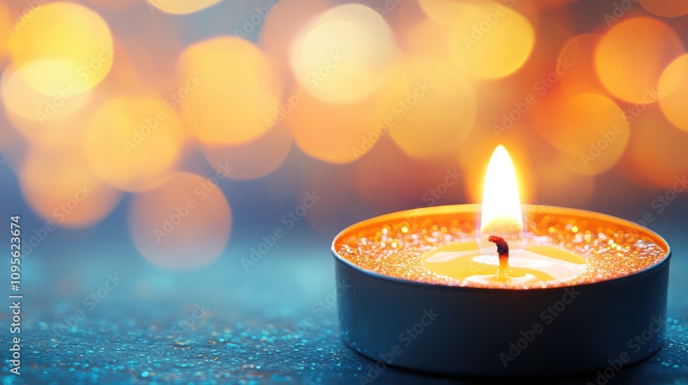 Poster Glowing Candle with Flame on Sparkling Surface Amidst Soft Bokeh Lights in Background Creating a Warm and Inviting Atmosphere for Relaxation and Reflection