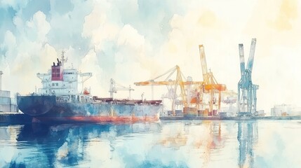 Fototapeta premium A watercolor painting of a cargo ship docked at a port with cranes loading and unloading containers.