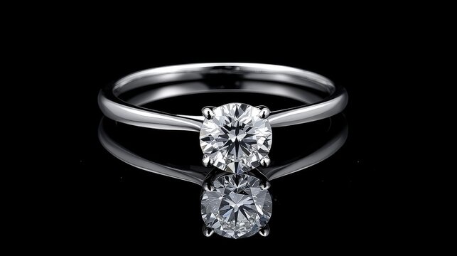 Stunning Single Diamond Engagement Ring with Prong Setting on a Reflective Surface against Black Background, Perfect for Romantic Proposals and Wedding Celebrations