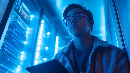 A low-angle view of a young man, intensely focused on his tablet, standing beside a server cabinet in a supercomputer room, the space filled with cool blue light.