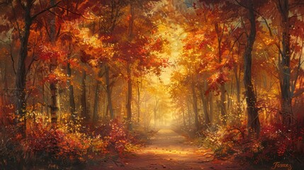 A serene autumn forest path illuminated by warm sunlight and vibrant foliage.