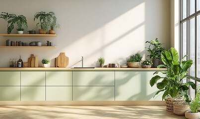 empty kitchen wall mockup with light green cabinets and beige floor, modern minimalist style interior design,


