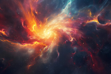 A vibrant cosmic scene showcasing swirling galaxies in shades of orange, red, and blue against a dark starry backdrop.