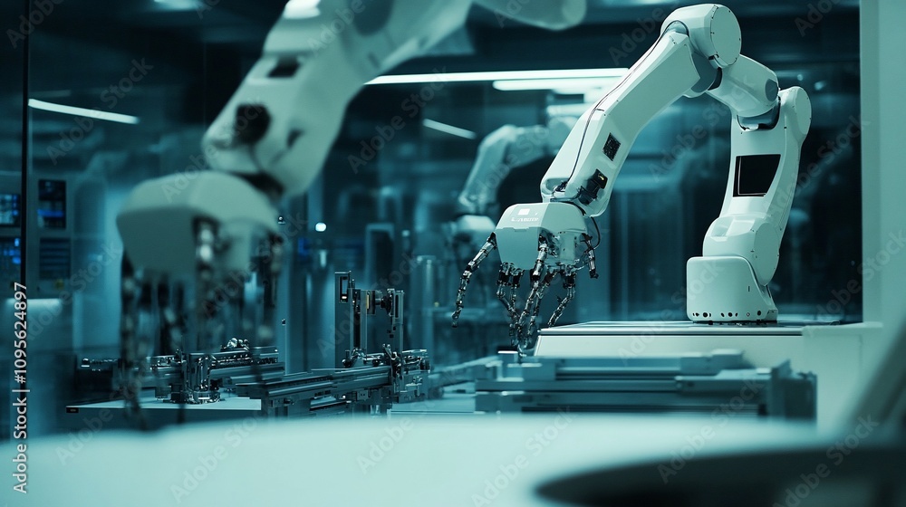 Poster robotic arms working on assembly line in factory.