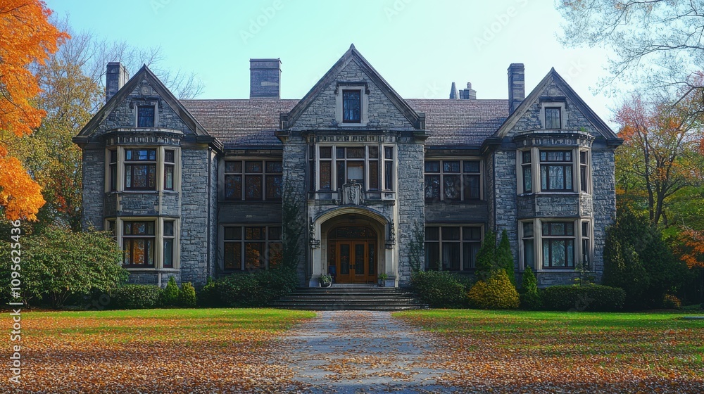 Poster a large stone building with many windows