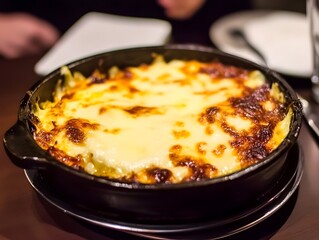 Cooking a fresh moussaka dinner meal. Tasty Dish of Food with cheese