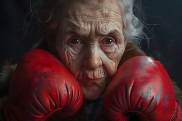 An elderly woman with gray hair wearing red boxing gloves, exuding strength and resilience despite her age.