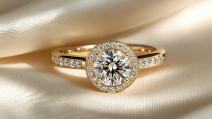 Elegant Gold Engagement Ring with Sparkling Round Diamond Centerpiece Surrounded by Smaller Stones on a Soft Satin Fabric Background