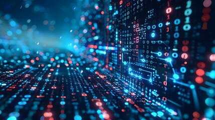 Fototapeta premium Abstract digital background with glowing binary code in blue and red.