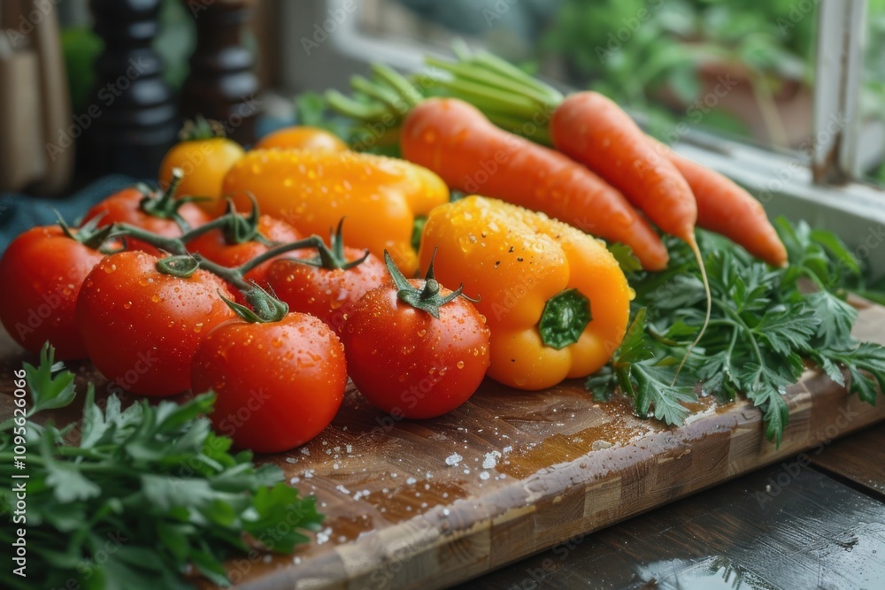 Wall mural Tomatoes, peppers, and carrots are on a cutting board, food background