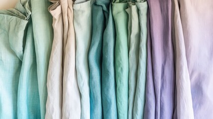 Fototapeta premium Soft and Subtle Tones of Fabric Draped in Rows, Showcasing a Palette of Pastel Colors, Ideal for Textile and Interior Design Inspirations