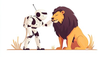A friendly robot gently touching a lion's mane.